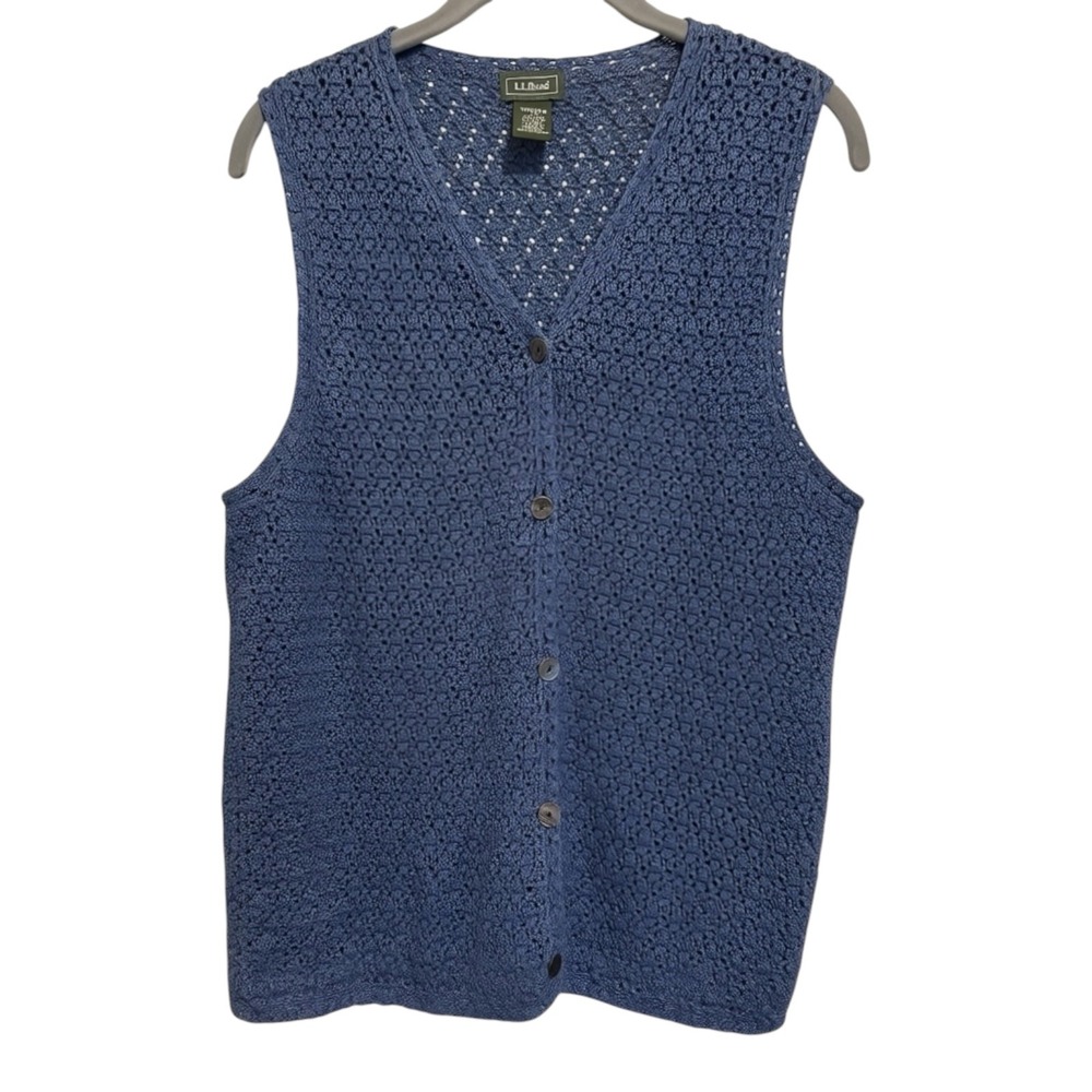 LL Bean Sweater Vest Womens LG Blue Crochet Linen Cotton Cottagecore Boho